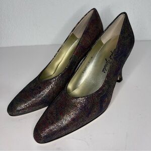 Margaret Jerrold Gold Reptile Print Leather Heeled Pumps New 9